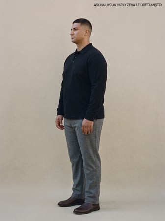 Maccali Siyah Erkek Büyük Beden Uzun Kollu Pike Polo Yaka Tişört