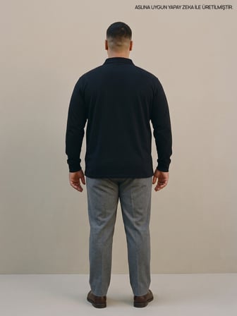 Maccali Siyah Erkek Büyük Beden Uzun Kollu Pike Polo Yaka Tişört
