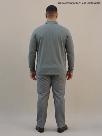 Maccali Adaçayı Yeşili Erkek Büyük Beden Cepli Uzun Kollu Pike Polo Yaka Tişört