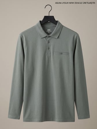 Maccali Adaçayı Yeşili Erkek Büyük Beden Cepli Uzun Kollu Pike Polo Yaka Tişört
