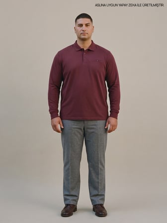 Maccali Bordo Erkek Büyük Beden Cepli Uzun Kollu Pike Polo Yaka Tişört