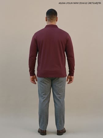 Maccali Bordo Erkek Büyük Beden Cepli Uzun Kollu Pike Polo Yaka Tişört