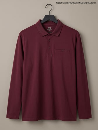 Maccali Bordo Erkek Büyük Beden Cepli Uzun Kollu Pike Polo Yaka Tişört