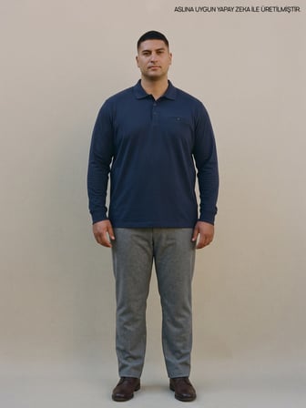 Maccali Lacivert Erkek Büyük Beden Cepli Uzun Kollu Pike Polo Yaka Tişört