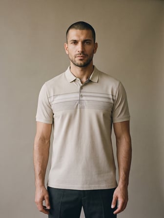 Maccali Bej Erkek Çizgili Bantlı Oxford Polo Yaka Tişört