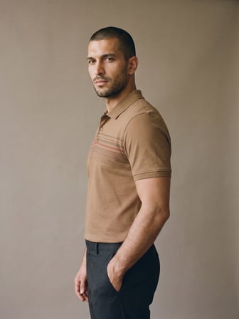 Maccali Kahve Erkek Çizgili Bantlı Oxford Polo Yaka Tişört