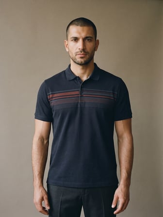 Maccali Lacivert Erkek Çizgili Bantlı Oxford Polo Yaka Tişört