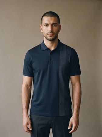 Maccali Lacivert Erkek Dikey Desen Panelli Polo Yaka Tişört
