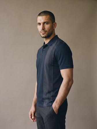 Maccali Lacivert Erkek Dikey Desen Panelli Polo Yaka Tişört