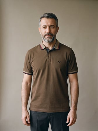 Maccali Kahve Erkek Amblemli Kontrast Biyeli Polo Yaka Tişört