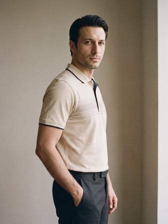 Maccali Krem Erkek Göğüs Bantlı Pike Polo Yaka Tişört