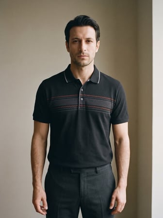 Maccali Siyah Erkek Göğüs Bantlı Pike Polo Yaka Tişört