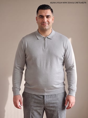 Maccali Açık Gri Erkek Büyük Beden Düz Fermuarlı Polo Yaka Triko Kazak