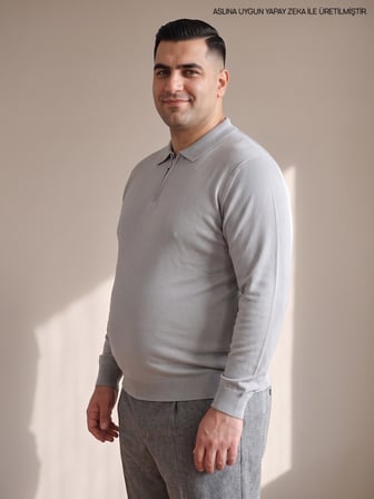 Maccali Açık Gri Erkek Büyük Beden Düz Fermuarlı Polo Yaka Triko Kazak