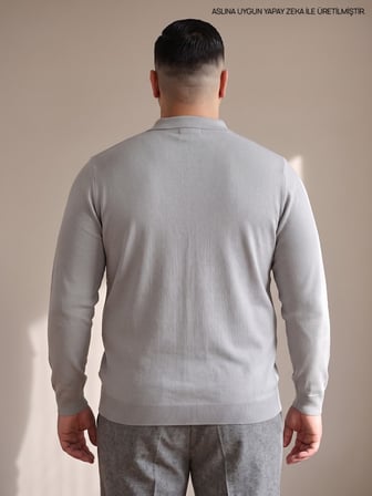 Maccali Açık Gri Erkek Büyük Beden Düz Fermuarlı Polo Yaka Triko Kazak