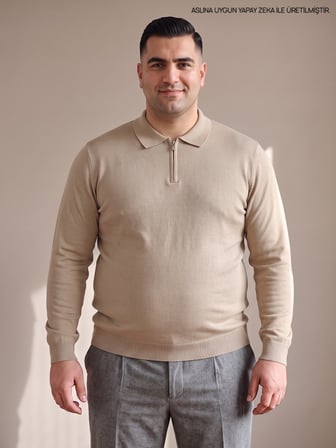 Maccali Bej Erkek Büyük Beden Düz Fermuarlı Polo Yaka Triko Kazak