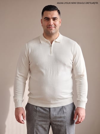 Maccali Beyaz Erkek Büyük Beden Düz Fermuarlı Polo Yaka Triko Kazak