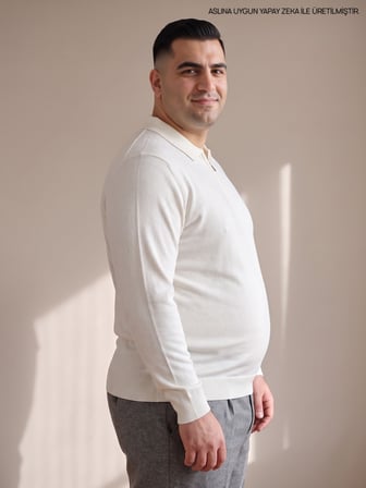 Maccali Beyaz Erkek Büyük Beden Düz Fermuarlı Polo Yaka Triko Kazak
