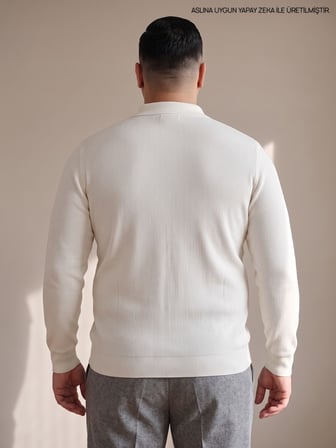 Maccali Beyaz Erkek Büyük Beden Düz Fermuarlı Polo Yaka Triko Kazak