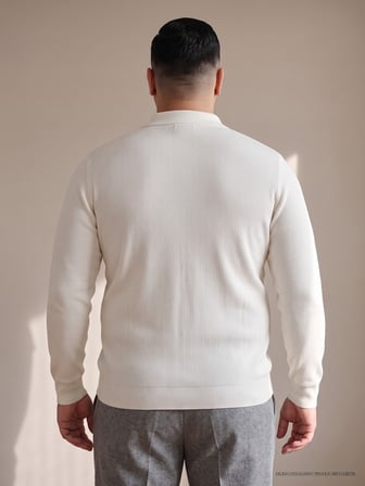 Maccali Beyaz Erkek Büyük Beden Düz Fermuarlı Polo Yaka Triko Kazak