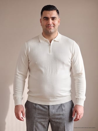 Maccali Beyaz Erkek Büyük Beden Düz Fermuarlı Polo Yaka Triko Kazak