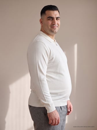 Maccali Beyaz Erkek Büyük Beden Düz Fermuarlı Polo Yaka Triko Kazak