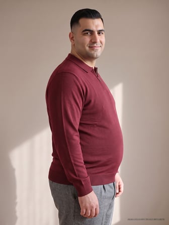 Maccali Bordo Erkek Büyük Beden Düz Fermuarlı Polo Yaka Triko Kazak