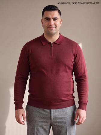 Maccali Bordo Erkek Büyük Beden Düz Fermuarlı Polo Yaka Triko Kazak