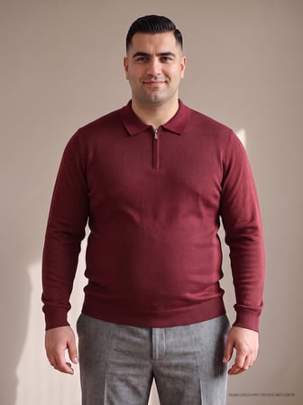 Maccali Bordo Erkek Büyük Beden Düz Fermuarlı Polo Yaka Triko Kazak