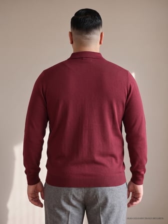 Maccali Bordo Erkek Büyük Beden Düz Fermuarlı Polo Yaka Triko Kazak