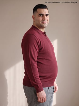 Maccali Bordo Erkek Büyük Beden Düz Fermuarlı Polo Yaka Triko Kazak