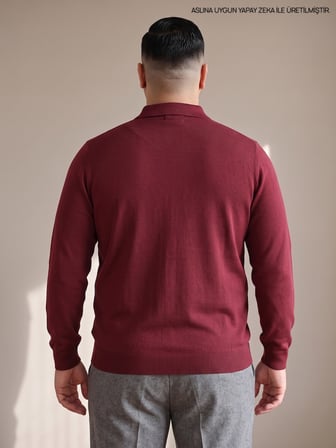 Maccali Bordo Erkek Büyük Beden Düz Fermuarlı Polo Yaka Triko Kazak