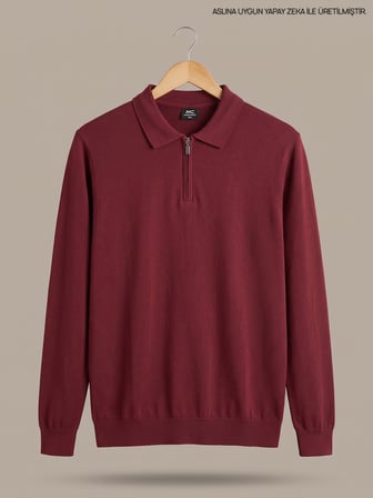 Maccali Bordo Erkek Büyük Beden Düz Fermuarlı Polo Yaka Triko Kazak