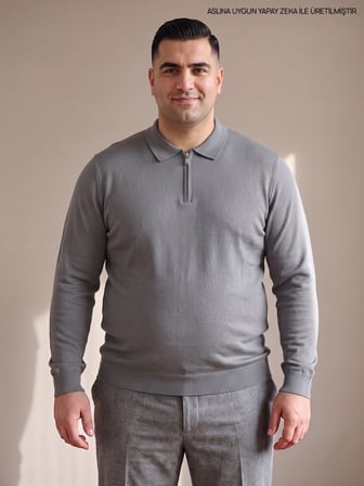 Maccali Gri Erkek Büyük Beden Düz Fermuarlı Polo Yaka Triko Kazak