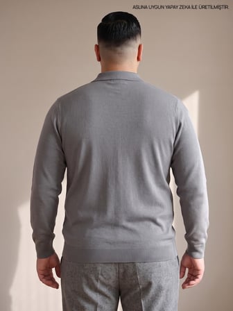 Maccali Gri Erkek Büyük Beden Düz Fermuarlı Polo Yaka Triko Kazak