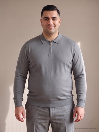 Maccali Gri Erkek Büyük Beden Düz Fermuarlı Polo Yaka Triko Kazak
