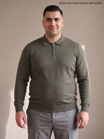 Maccali Haki Erkek Büyük Beden Düz Fermuarlı Polo Yaka Triko Kazak