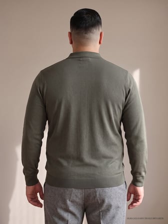 Maccali Haki Erkek Büyük Beden Düz Fermuarlı Polo Yaka Triko Kazak
