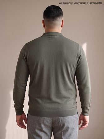 Maccali Haki Erkek Büyük Beden Düz Fermuarlı Polo Yaka Triko Kazak