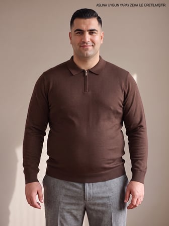 Maccali Kahve Erkek Büyük Beden Düz Fermuarlı Polo Yaka Triko Kazak