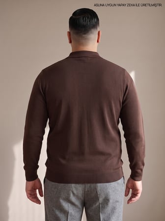 Maccali Kahve Erkek Büyük Beden Düz Fermuarlı Polo Yaka Triko Kazak