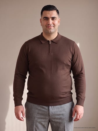 Maccali Kahve Erkek Büyük Beden Düz Fermuarlı Polo Yaka Triko Kazak