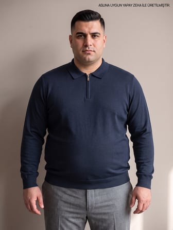 Maccali Lacivert Erkek Büyük Beden Düz Fermuarlı Polo Yaka Triko Kazak