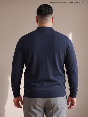 Maccali Lacivert Erkek Büyük Beden Düz Fermuarlı Polo Yaka Triko Kazak