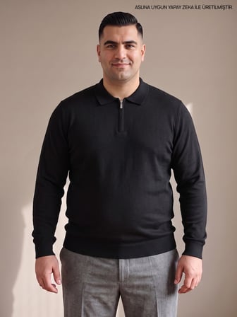 Maccali Siyah Erkek Büyük Beden Düz Fermuarlı Polo Yaka Triko Kazak