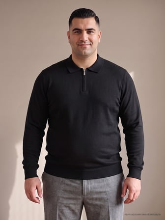 Maccali Siyah Erkek Büyük Beden Düz Fermuarlı Polo Yaka Triko Kazak