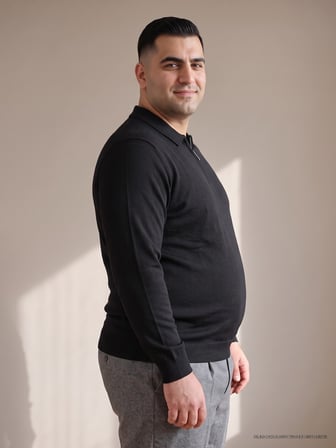 Maccali Siyah Erkek Büyük Beden Düz Fermuarlı Polo Yaka Triko Kazak