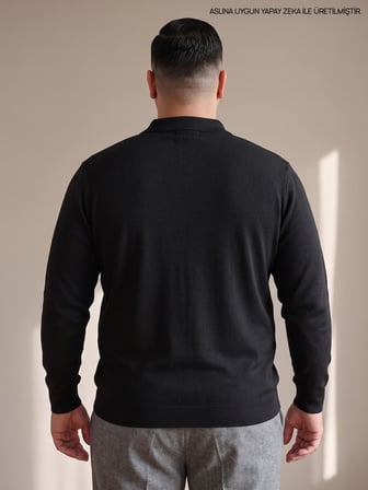 Maccali Siyah Erkek Büyük Beden Düz Fermuarlı Polo Yaka Triko Kazak