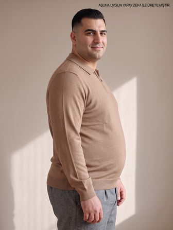 Maccali Taba Erkek Büyük Beden Düz Fermuarlı Polo Yaka Triko Kazak