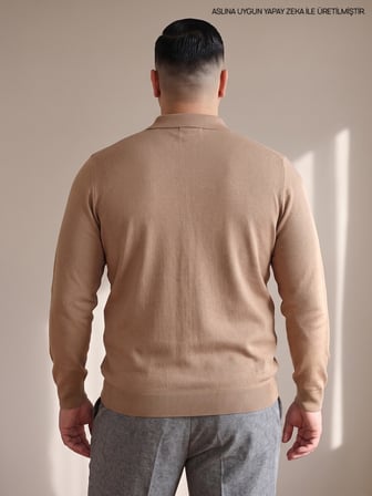 Maccali Taba Erkek Büyük Beden Düz Fermuarlı Polo Yaka Triko Kazak